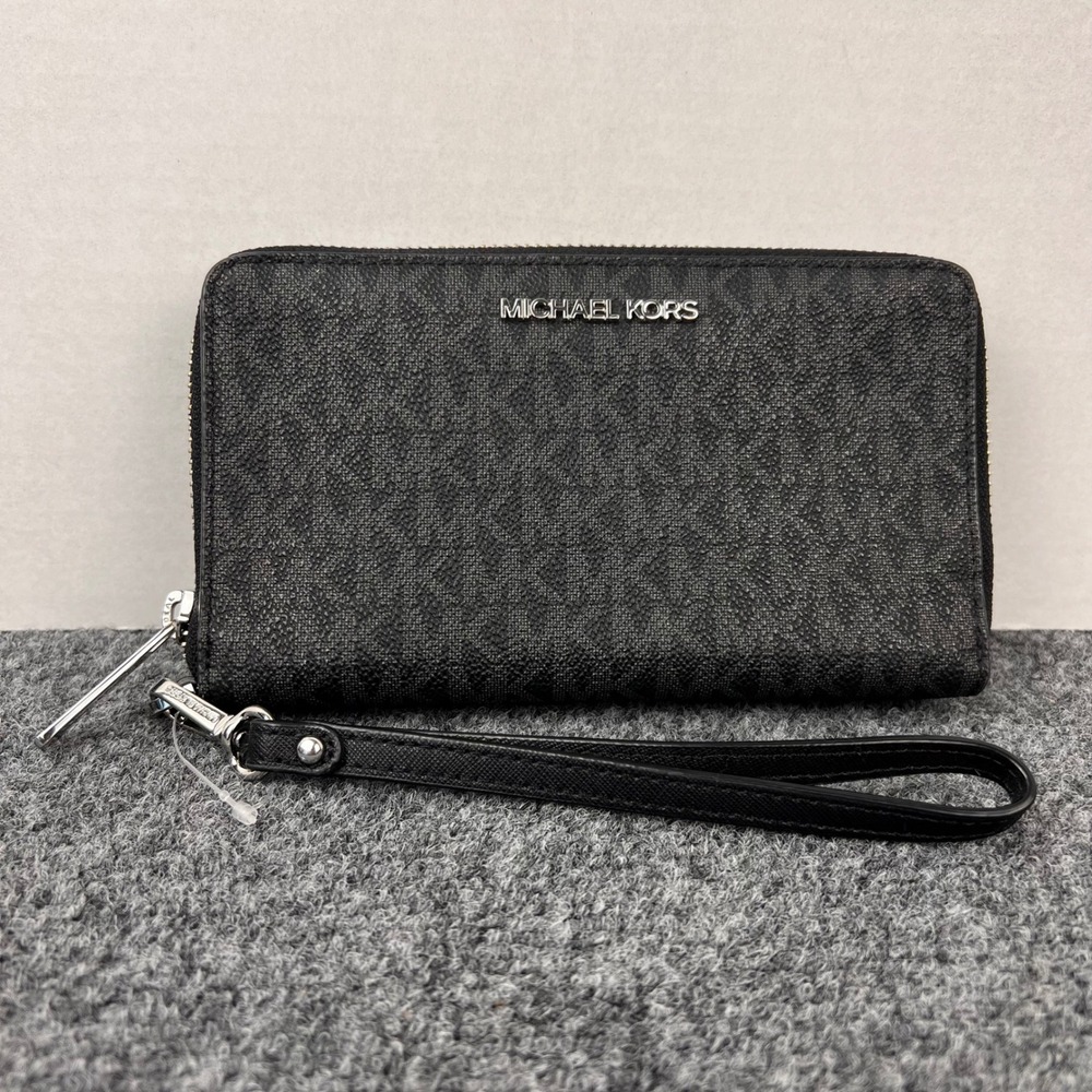 Michael Kors Jet Set Travel Wristlet Wallet Signature Logo Black Grey Silver